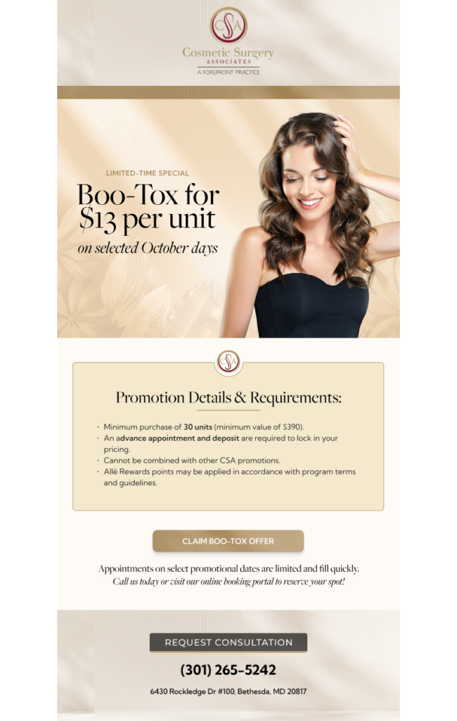 Botox specials for a limited time in October at Cosmetic Surgery Associates in Bethesda, MD.